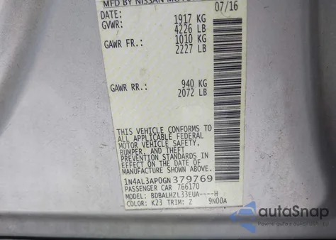 2016 Nissan Altima 2.5 Sr из США, поврежденный, VIN 1N4AL3AP0GN379769